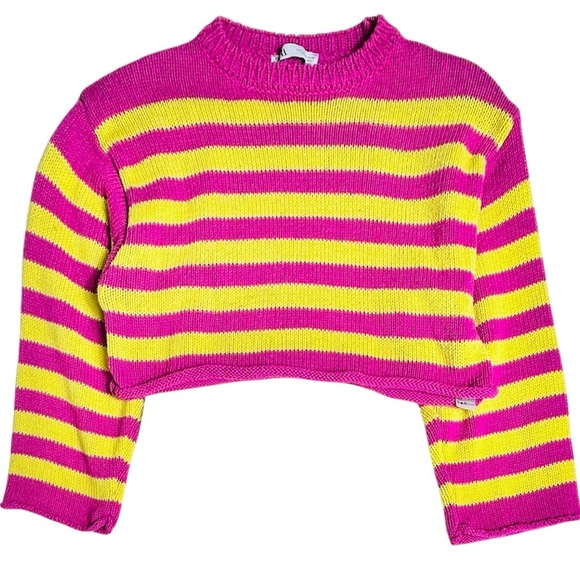 Zara striped cropped sweater, L, crewneck, pink yellow, cotton blend Soft Summer - Picture 2 of 6